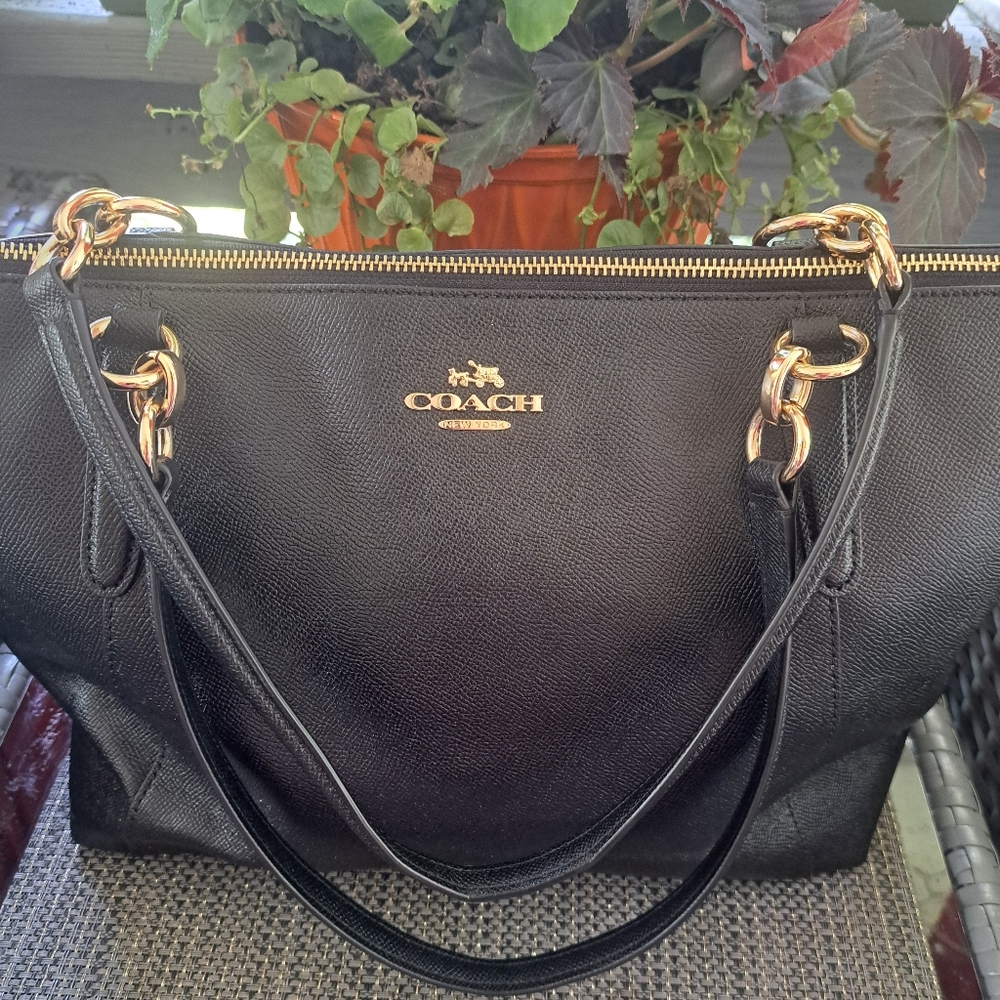 Coach Black Leather Tote with Gold Hardware